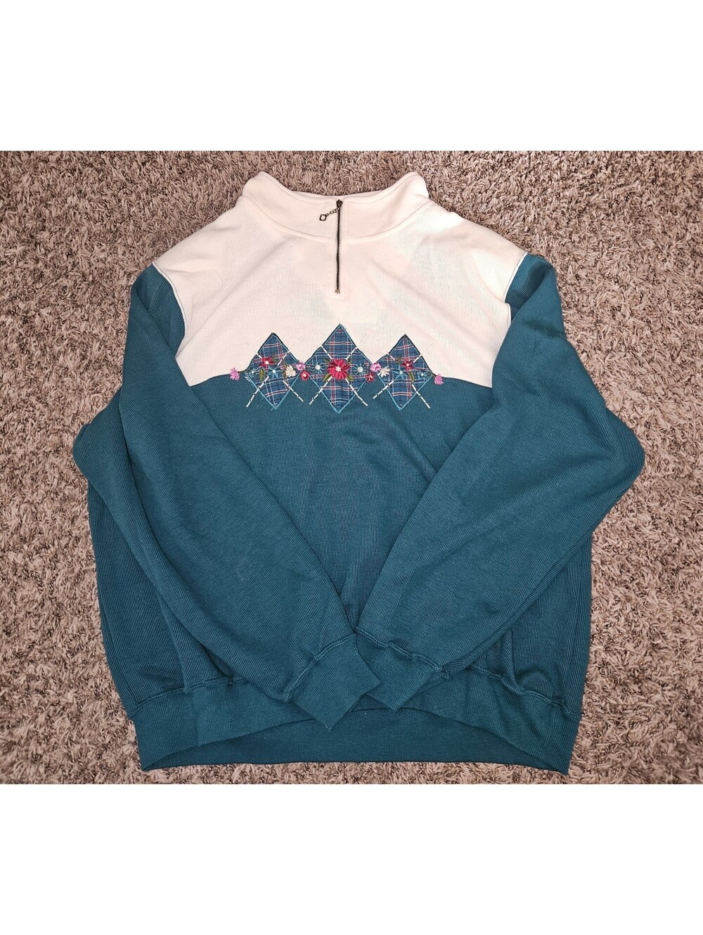 Alfred Dunner Vintage Teal Floral Quarter Zip Sweatshirt XL